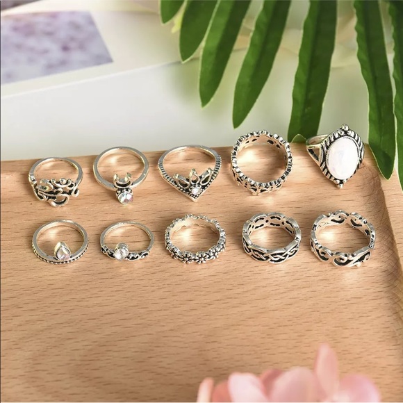 10 Pcs/Set Boho Antique Silver Crystal Rings - Picture 5 of 8